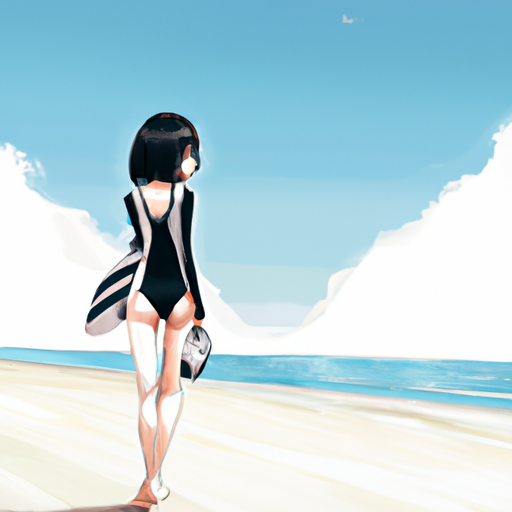 אישה לובשת בגד ים ספורטיבי מסוגנן שחור ולבן הולכת לאורך החוף.