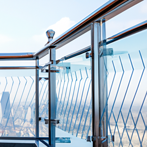 תמונה של מעקה מודרני למרפסת עשוי זכוכית ומתכת, כשברקע נוף יפהפה של קו רקיע של העיר