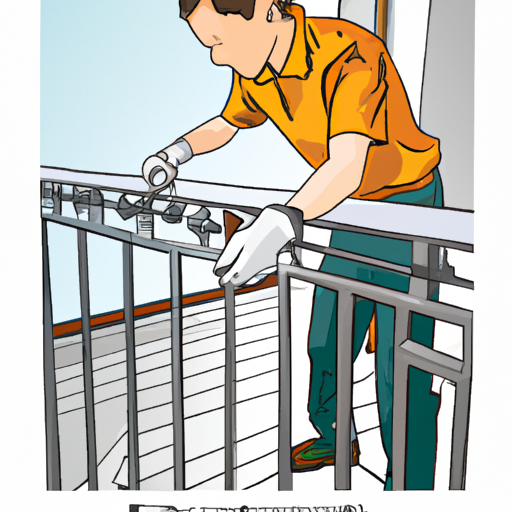 איור של אדם שמתקין מעקה למרפסת, עם כלים וציוד בטיחות