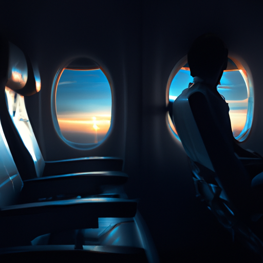 צילום של חלקו הפנימי של מטוס עם אדם יושב במושבו ומביט מבעד לחלון.