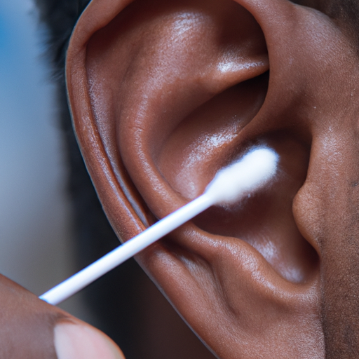 תמונה של אדם מנקה את אוזנו באמצעות צמר גפן, עם אזהרה לגבי סיכונים אפשריים