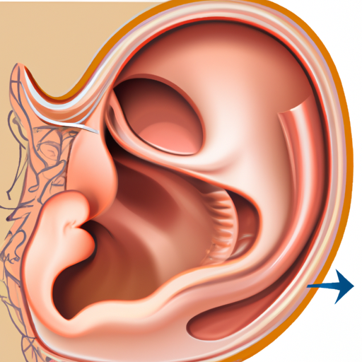 איור של האוזן האנושית, עם גידול דמוי כפתור הנראה בתעלת השמע החיצונית