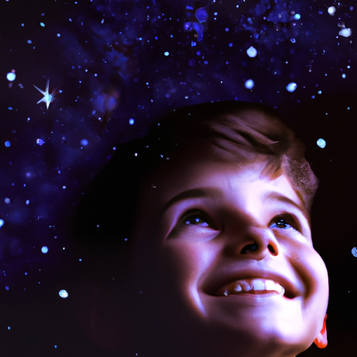 ילד מביט מעלה לטפט של שמים זרועי כוכבים ביראת כבוד, חיוך מאיר את פניו