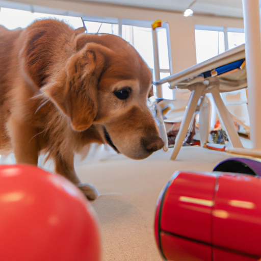 גולדן רטריבר משחק בשמחה עם מגוון צעצועים באזור משחקים רחב ידיים של מלון כלבים.